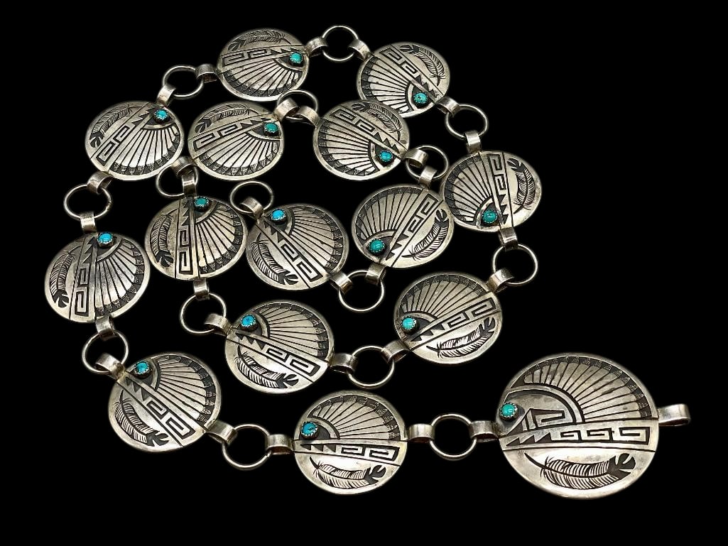 Sterling Silver And Turquoise Overlay Design Link Concho Belt: Offered here for your consideration is a sterling silver and turquoise overlay design link concho belt. This piece features 14 round conchos and matching buckle each highlighted with a turquoise