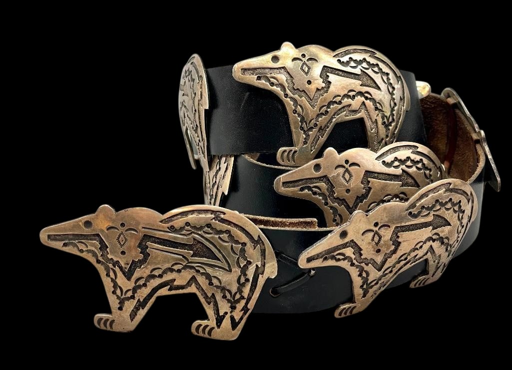 Sterling Silver And Overlay Bear Theme Concho Belt: Offered here for your consideration is a sterling silver and overlay bear theme concho belt. The belt features nine bear shaped conchos and a matching buckle, each accented with overlay and hand