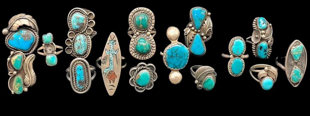 15 Sterling Silver Rings With Various Settings: Offered here are 15 sterling silver rings with various settings. These pieces are highlighted with turquoise cabochons or chip inlay designs. Accenting them is a variety of silver work including dot,