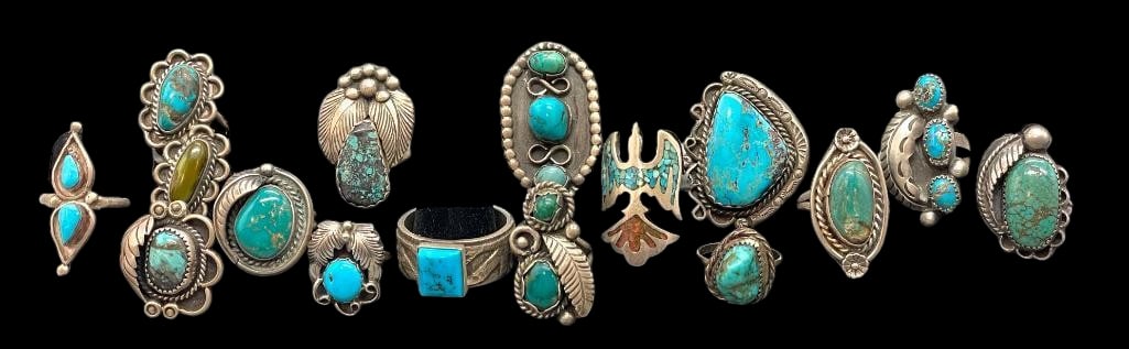 15 Sterling Silver Rings With Various Settings: Offered here are 15 sterling silver rings with various settings. These pieces are highlighted with a variety of designs created with cabochons of turquoise cabochons or chip inlay. Accenting the