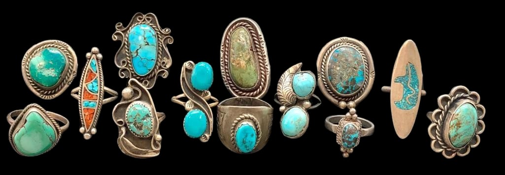 15 Sterling Silver Rings with Various Settings: Offered here are 15 sterling silver rings with various settings. These pieces are highlighted with a variety of designs including cabochons of turquoise or chip inlay. Accenting the stones is silver