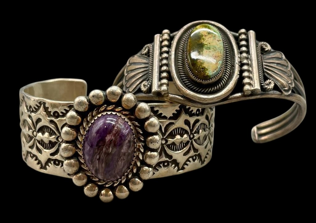 Two Sterling Silver Bracelets: Available here for your consideration are two sterling silver bracelets. The first bracelet features a charoite cabochon set in a sawtooth silver bezel atop a hand stamped cuff. The second showcases a