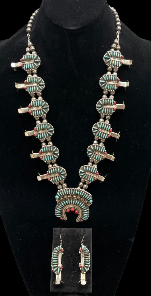 Needlepoint And Dot Turquoise And Coral Squash Blossom Necklace With Earrings (1 of 19)
