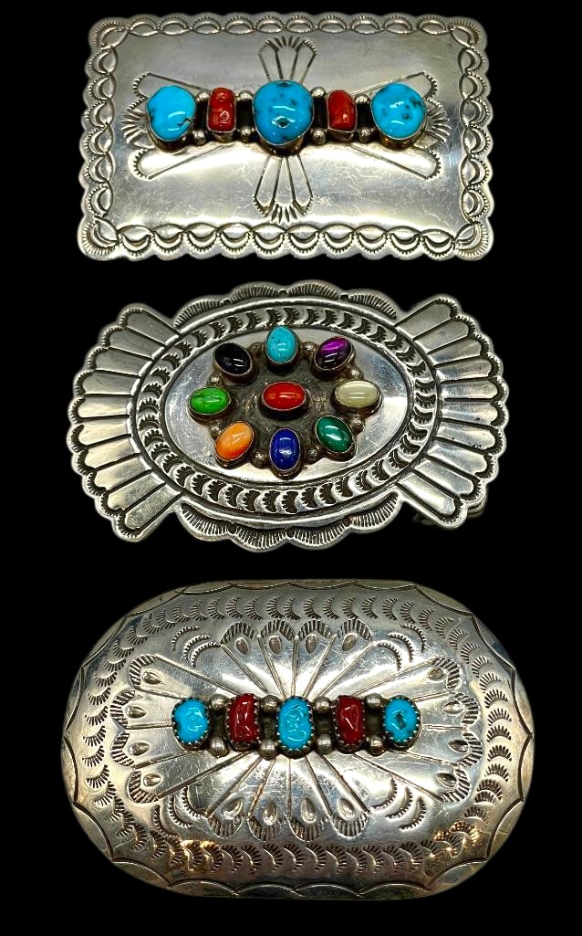 Three Sterling Silver Belt Buckles With Various Settings: Offered here for your consideration are three sterling silver belt buckles with various settings. Two of the buckles feature turquoise and coral cabochons, while the third showcases a combination of m
