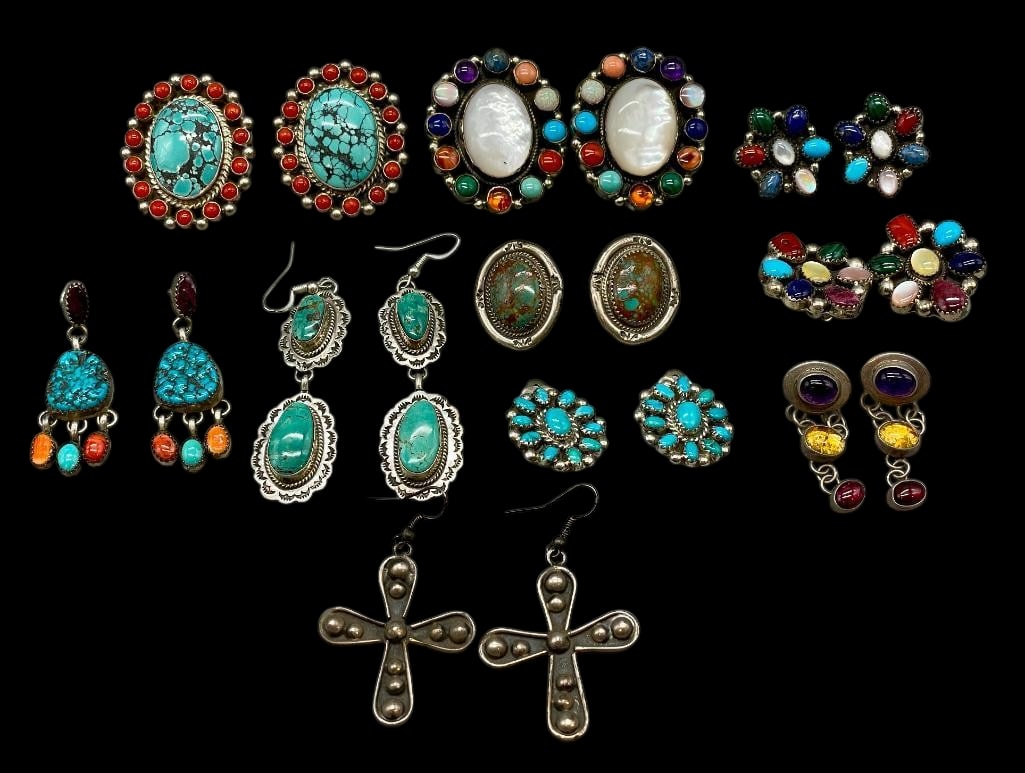 10 Pair Of Sterling Silver Earrings With Various Settings: Offered here for your consideration are 10 pairs of sterling silver earrings with various settings. These earrings features a variety of designs including cabochons of turquoise or multi stone set in 