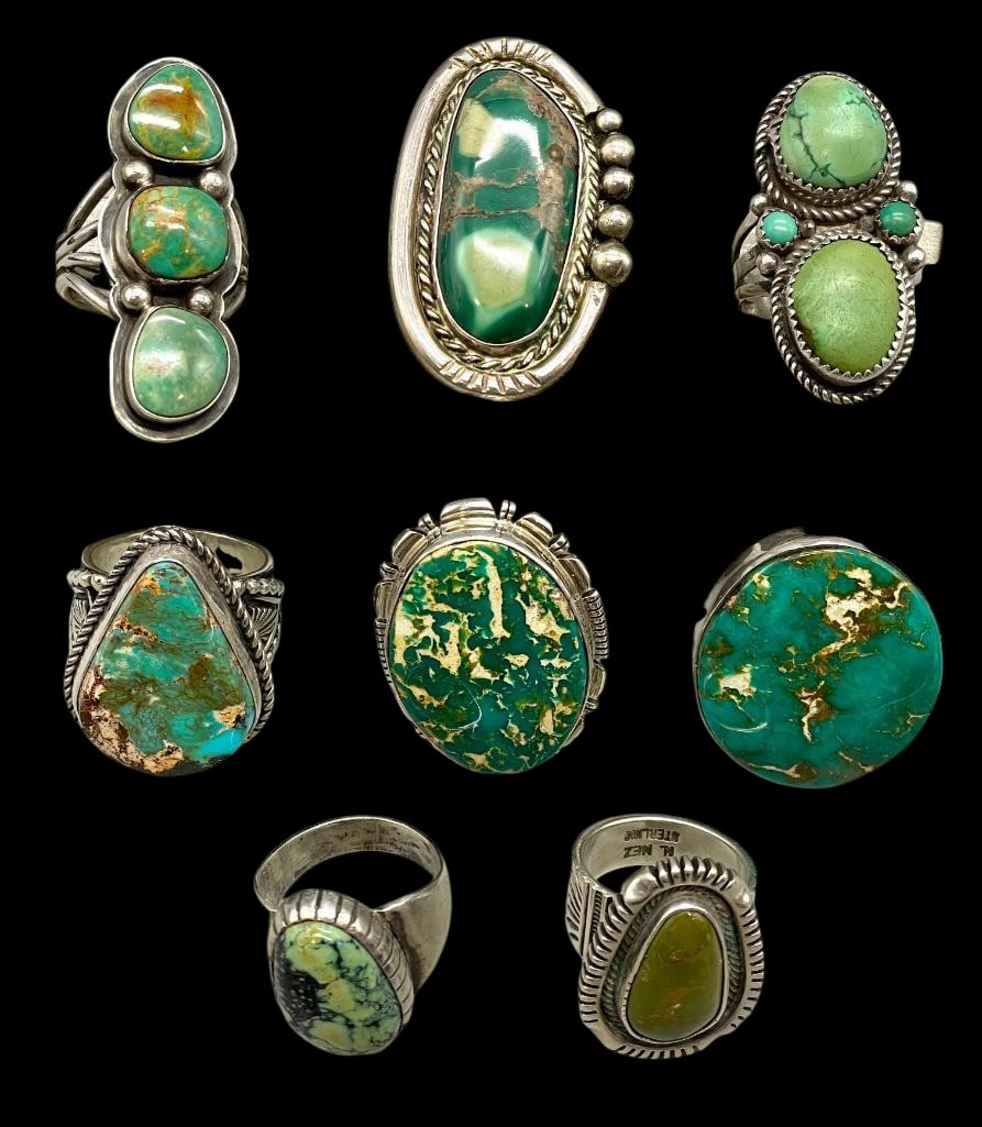 8 Green Turquoise and Sterling Silver Rings One By Tommy Jackson And One by Albert Jake (1 of 12)