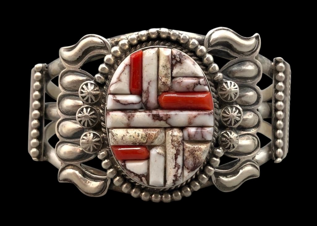 Sterling Silver With Coral And Wild Horse Inlay Bracelet by Delvin John (1 of 9)
