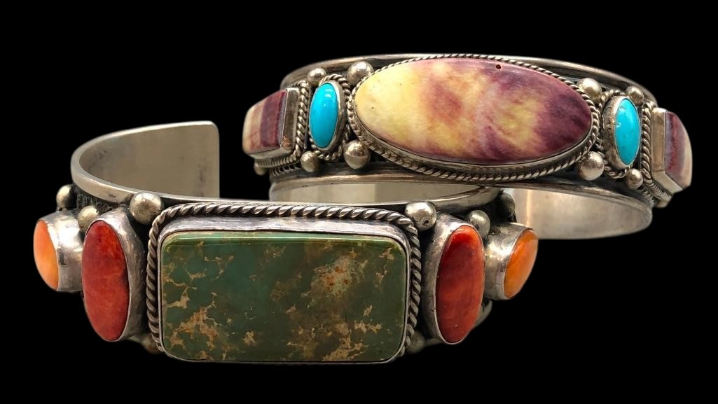 Two Guy Hoskie Bracelets With Sterling Silver, Spiny Oyster and Turquoise: Available here in this lot are two Guy Hoskie Bracelets with sterling silver, spiny oyster and turquoise. Both pieces feature spiny oyster, purple spiny oyster, turquoise and coral set in smooth silve