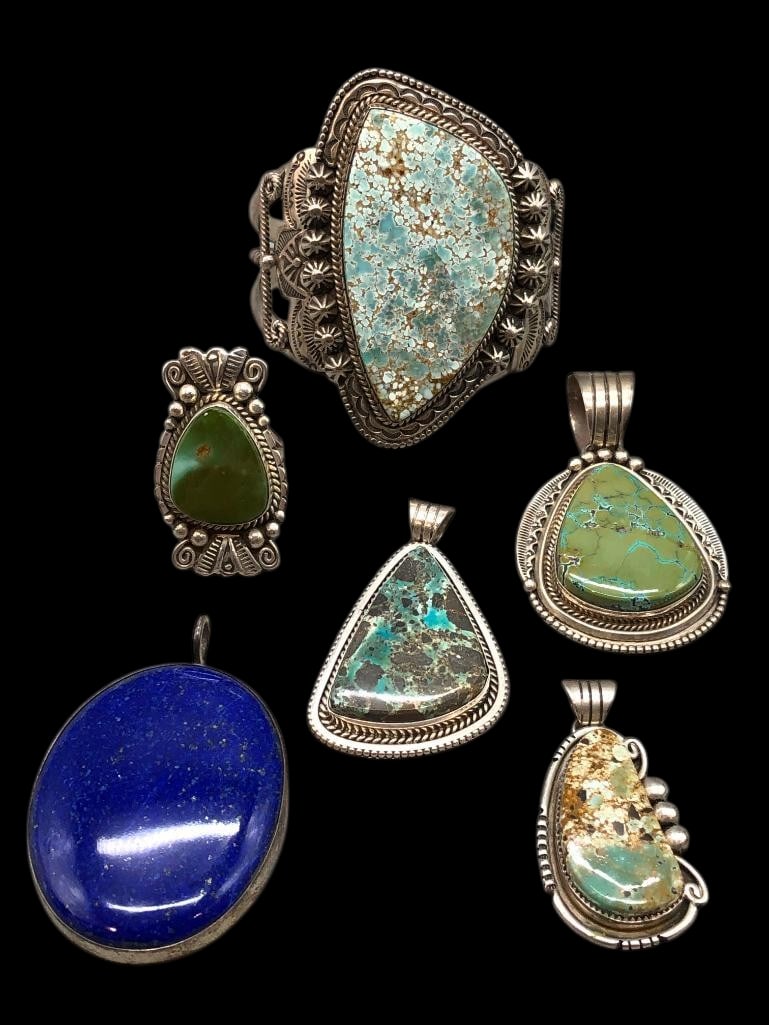 Sterling Silver and Turquoise Bracelet, Four Pendants And One Ring (1 of 10)