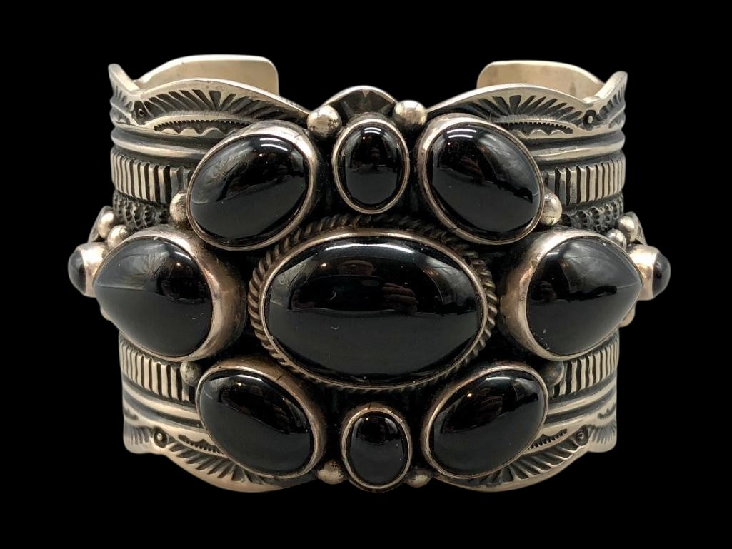 Sterling Silver And Onyx Cluster Bracelet by Guy Hoskie: Offered here for your consideration is a sterling silver and onyx cluster bracelet by Guy Hoskie. This piece features a cluster of onyx cabochons set in smooth silver bezels accented with silver dots 
