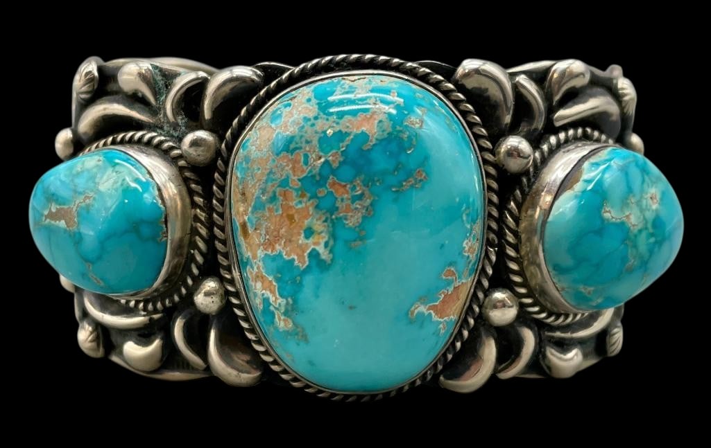 Three Large Stone Turquoise And Sterling Silver Bracelets by Darryl Becenti (1 of 9)