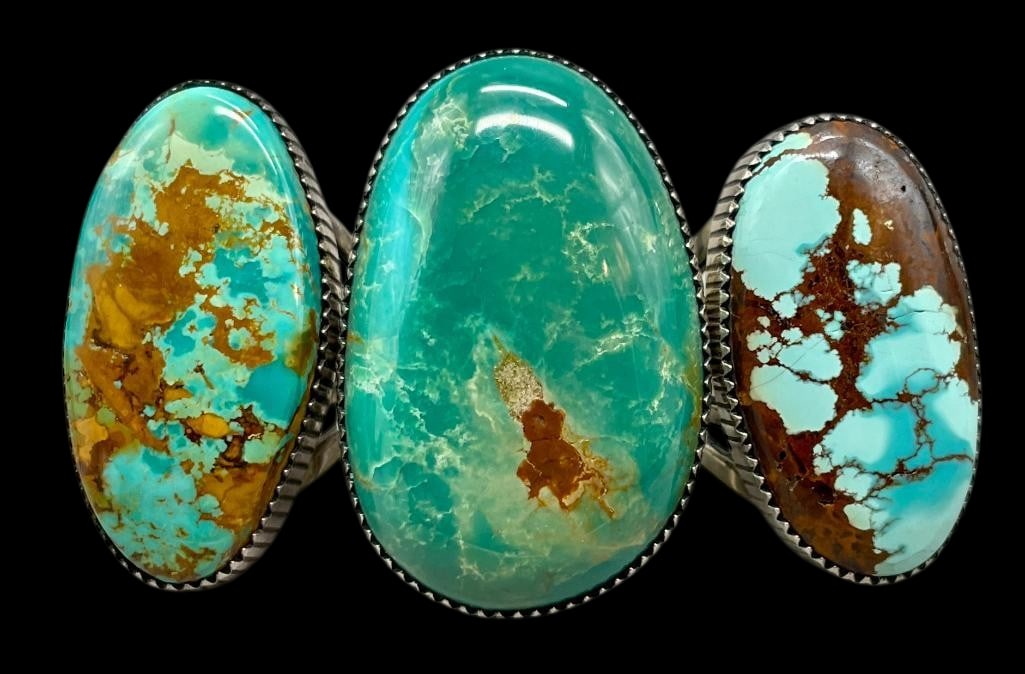 Three Sterling Silver And Turquoise Rings by Will Denetdale: Offered here for your consideration are three sterling silver and turquoise rings by Will Denetdale. Each piece features a turquoise cabochon set in a sawtooth silver bezel accented with hand stamped 