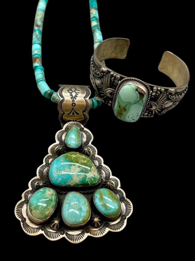 Derrick Gordon Sterling And Turquoise Bracelet With Sterling Silver Turquoise Pendant And Necklace: Offered here for your consideration is a Derrick Gordon sterling and turquoise bracelet with sterling silver turquoise pendant and necklace. The pendant and bracelet feature turquoise cabochons set in