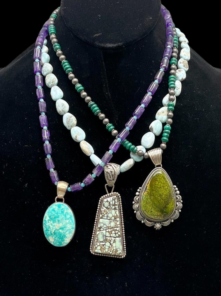 Three Sterling Silver And Turquoise Pendants With Necklaces (1 of 9)