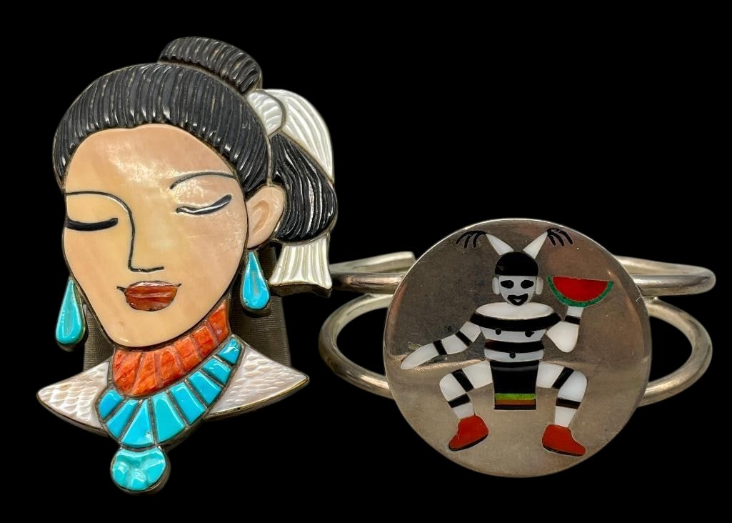 Flush Inlay Zuni Pin/Pendant And Koshare Theme Inlay Bracelet: Offered here for your consideration is a flush inlay Zuni pin/pendant and a Koshare theme inlay bracelet. Both sterling silver pieces feature a multi stone mosaic or flush inlay design showcasing a Na