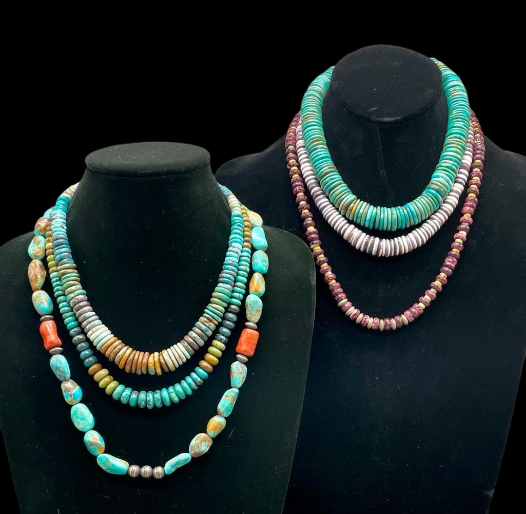 Six Spiny Oyster And Turquoise Beaded Necklaces: Offered here for your consideration are six spiny oyster and turquoise beaded necklaces. These pieces feature turquoise or purple spiny oyster beads in graduated sizes and shapes. One necklace is furt