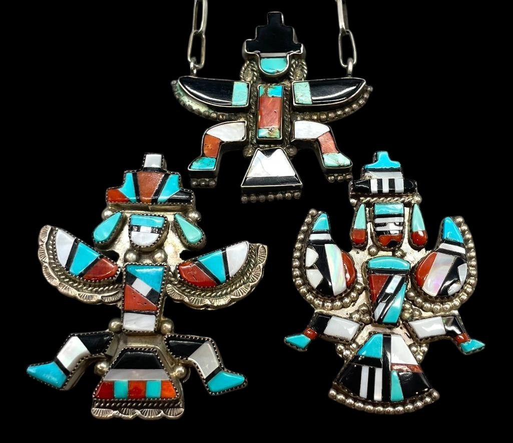 Three Multi Stone Inlay Knifewing Pendants/Pins With Necklace: Offered here for your consideration are three multi stone inlay Knifewing pendants/pins with necklace. Each pieces features a multi stone Knifewing inlay design of turquoise, coral, mother of pearl an