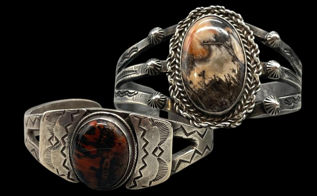 Two Sterling Silver And Petrified Wood Fred Harvey Bracelets (1 of 11)