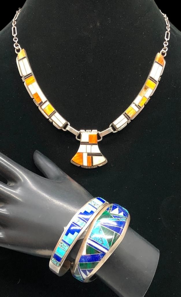 Two Sterling Silver And Multi Stone Inlay Bracelets With Necklace (1 of 19)