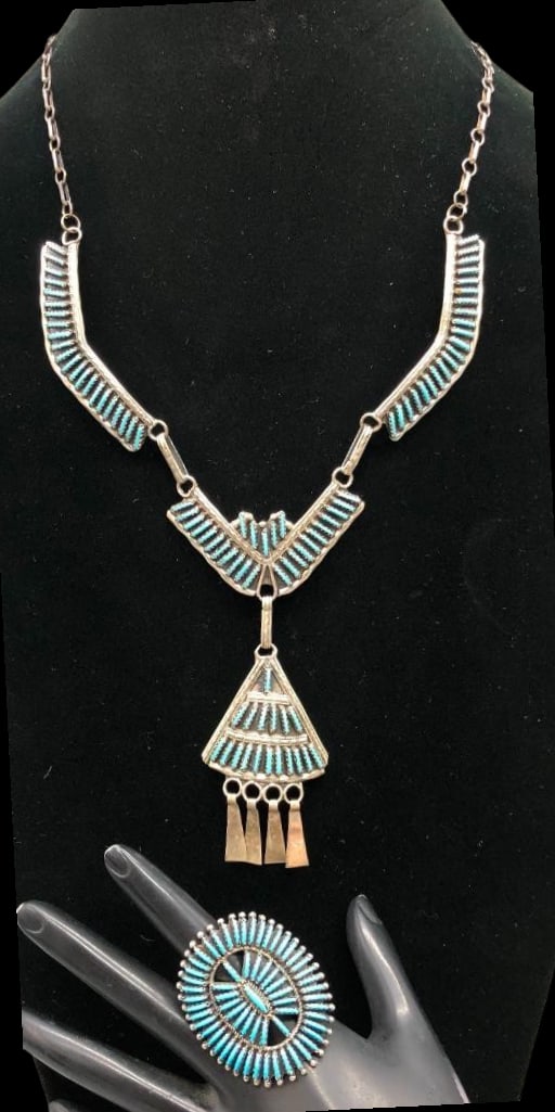 Needlepoint Turquoise Sterling Silver Dangle Necklace And Ring: Offered here for your consideration is a needlepoint turquoise and sterling silver dangle necklace and ring. This necklace features three pendants and a dangle, each showcasing needlepoint turquoise c