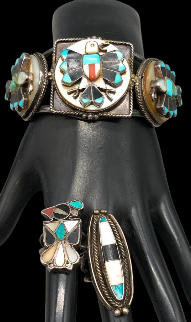 Sterling Silver And Multi Stone Bird Themed Bracelet With Two Inlay Rings (1 of 11)