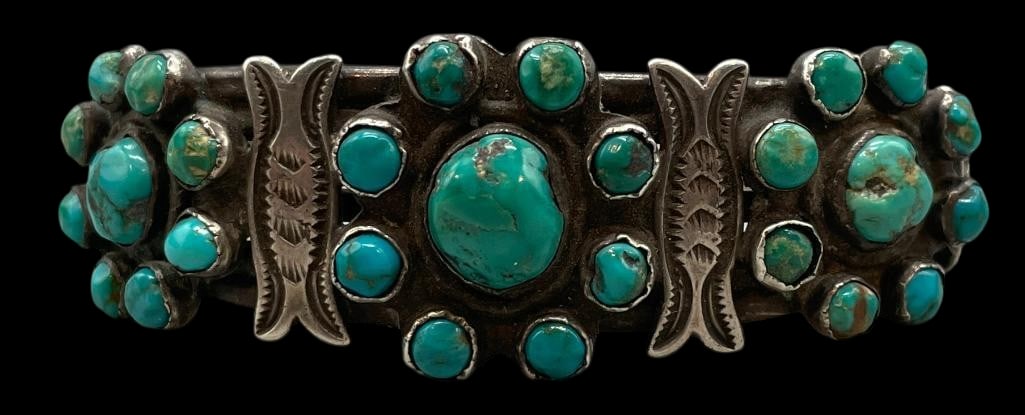 Circa 1930s-1940s Natural Turquoise and Sterling Silver Cluster Bracelet: For your bidding enjoyment we present a circa 1930s-1940s natural turquoise and sterling silver cluster bracelet. This bracelet features three clusters of natural turquoise cabochons set in handmade s