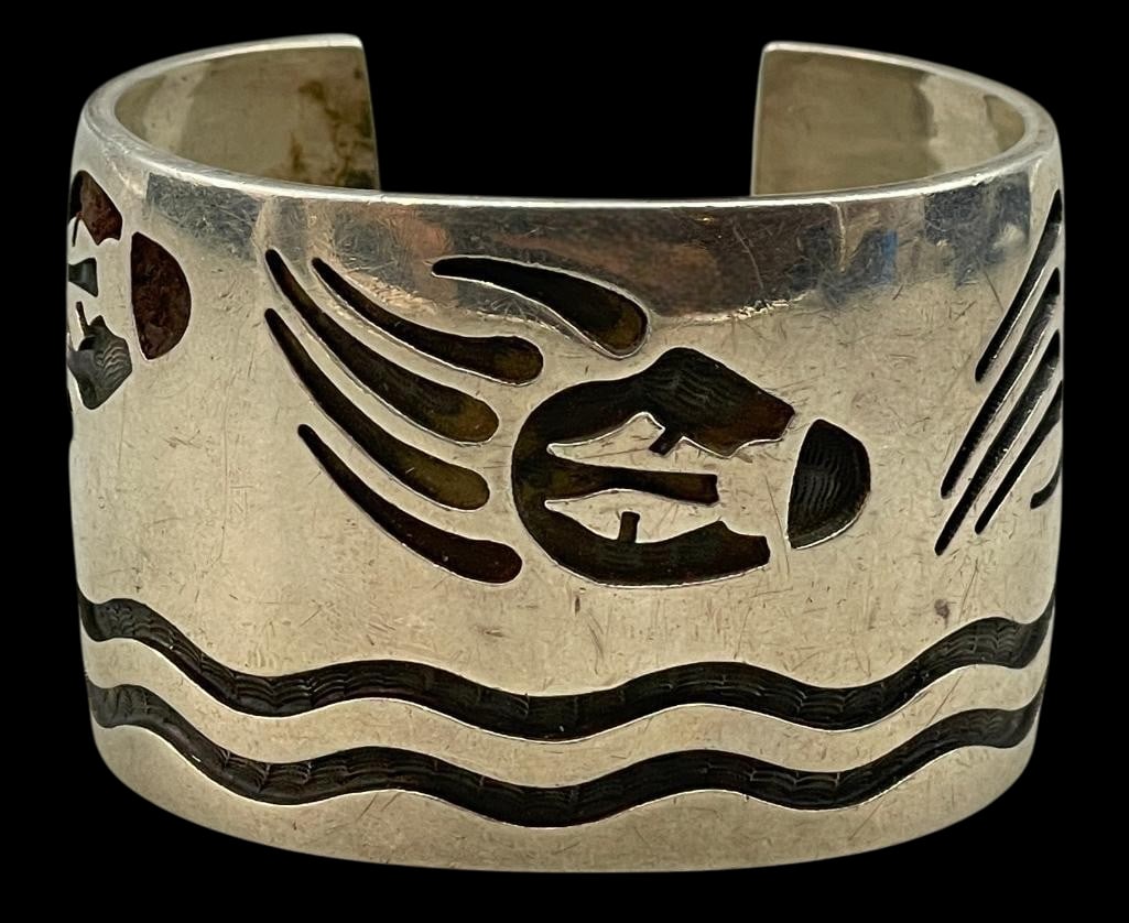 Sterling Silver Hopi Overlay Style Bracelet By Michael Sockyma (1 of 9)