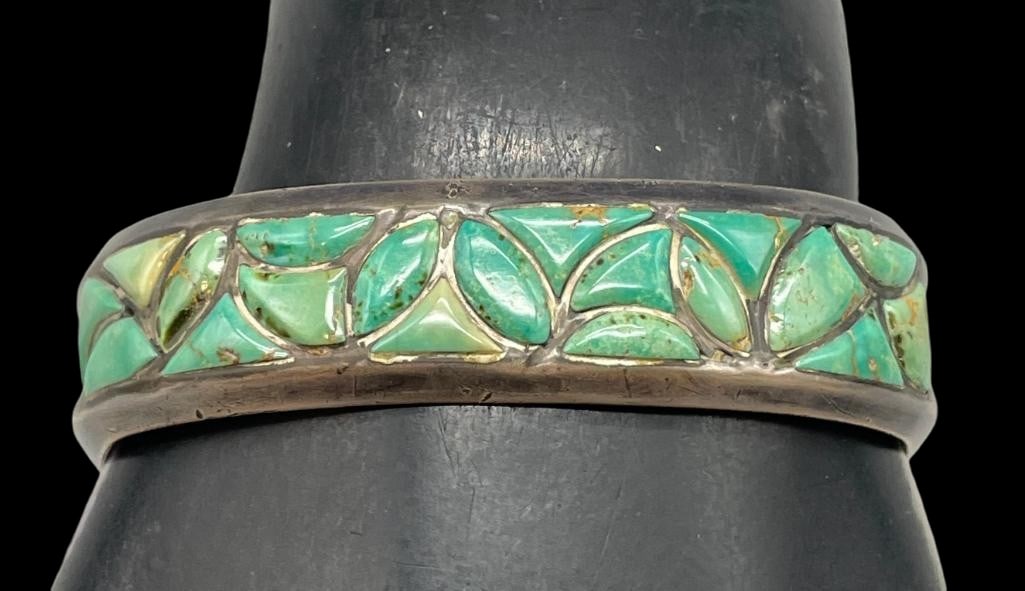 Vintage Sterling Silver And Green Turquoise Inlay Bracelet (1 of 8)