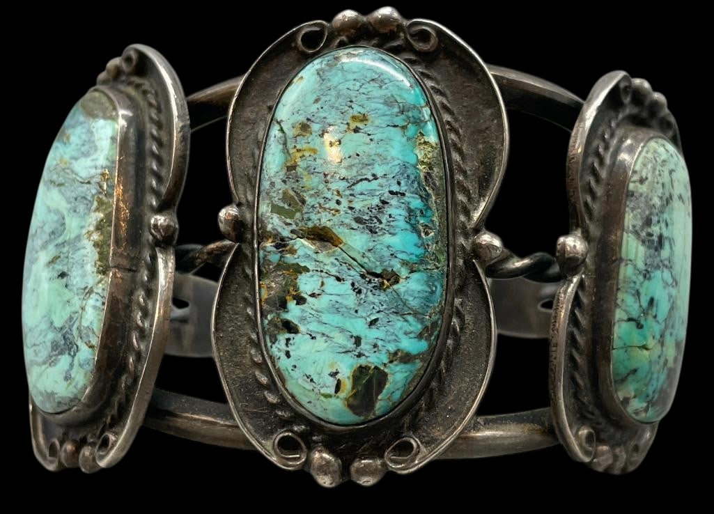 Vintage Three Stone Turquoise And Sterling Silver Bracelet (1 of 8)