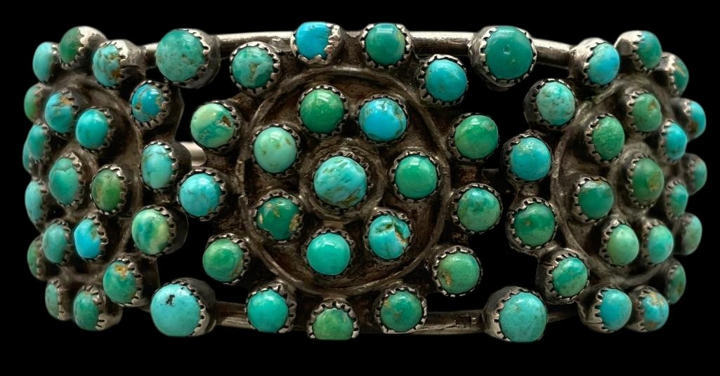 Sterling Silver And Snake Eye Cluster Turquoise Bracelet Circa 1920-1930s (1 of 8)