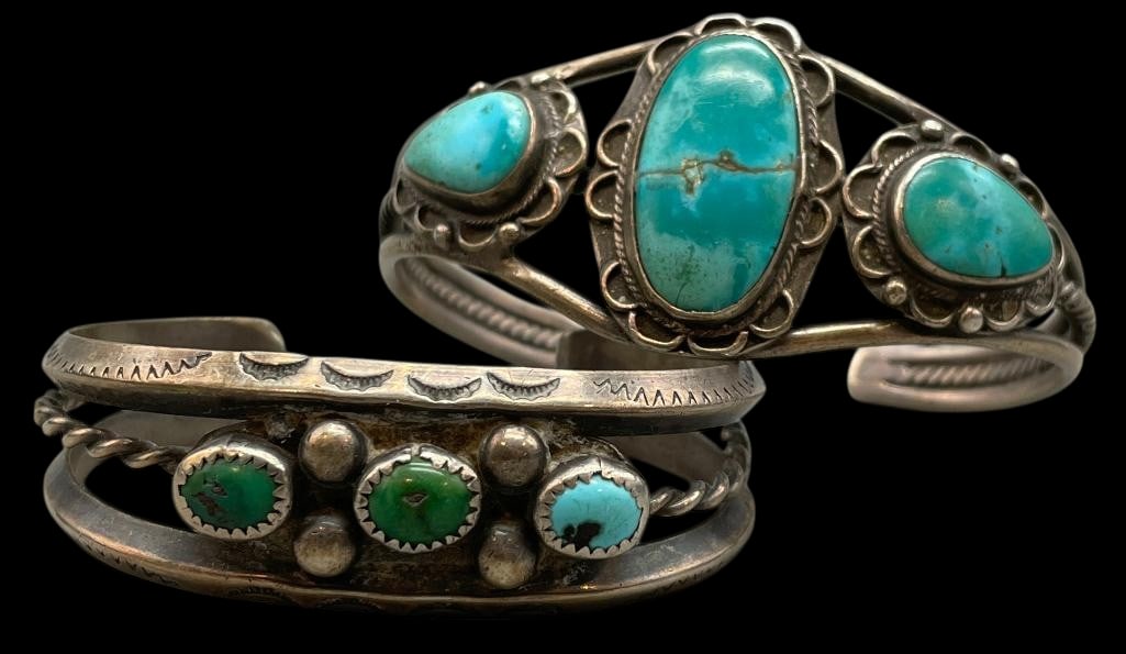 Two 1940s Era Sterling Silver And Turquoise Bracelets (1 of 10)