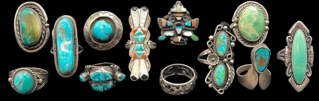 12 Vintage Sterling Silver Rings: Offered here for your consideration are 12 vintage sterling silver rings. These rings feature turquoise cabochons set in silver bezels or multi stone inlays. Silver accents such as stamped patterns, s