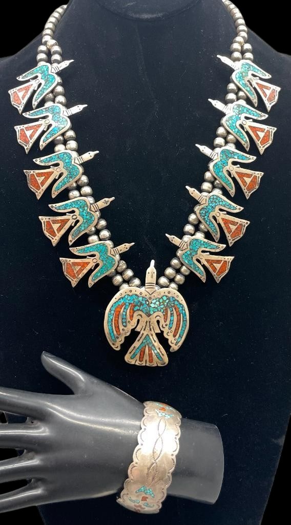 Peyote Bird Turquoise And Coral Inlay Squash Blossom Necklace And Bracelet: Offered here for your consideration is a Peyote bird turquoise and coral inlay squash blossom necklace and bracelet. This necklace features a central pendant highlighted with a Peyote bird motif, turq