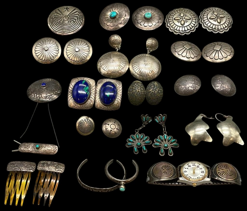Group Of Sterling Silver Items - Pins, Earrings, Watch, Barrettes, Baby Bracelet, Etc.: Offered here for your consideration is a group of sterling silver items - pins, earrings, watch, barrettes, baby bracelet, etc. These pieces feature a variety of cabochons including turquoise, lapis, 