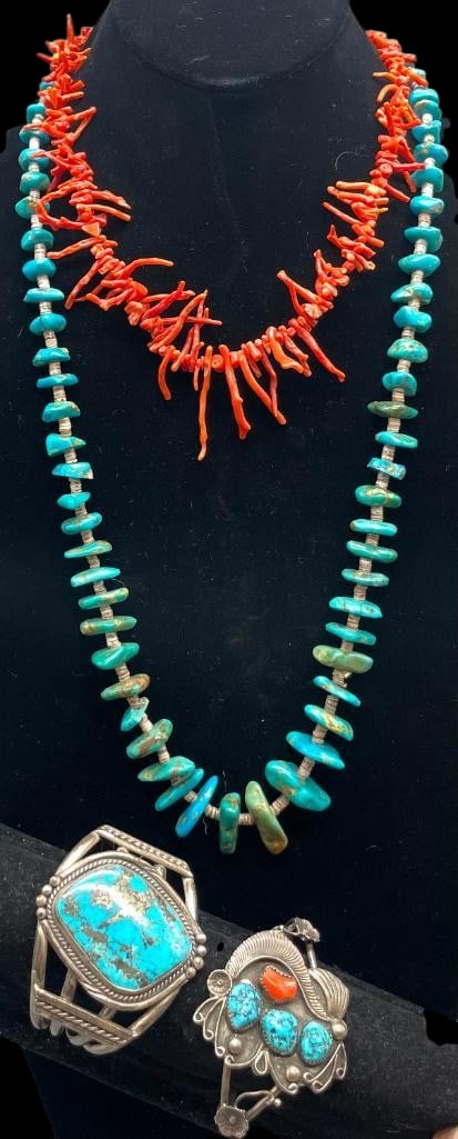 Two Vintage Necklaces - One Coral And One Turquoise With Two Sterling Silver Bracelets (1 of 14)
