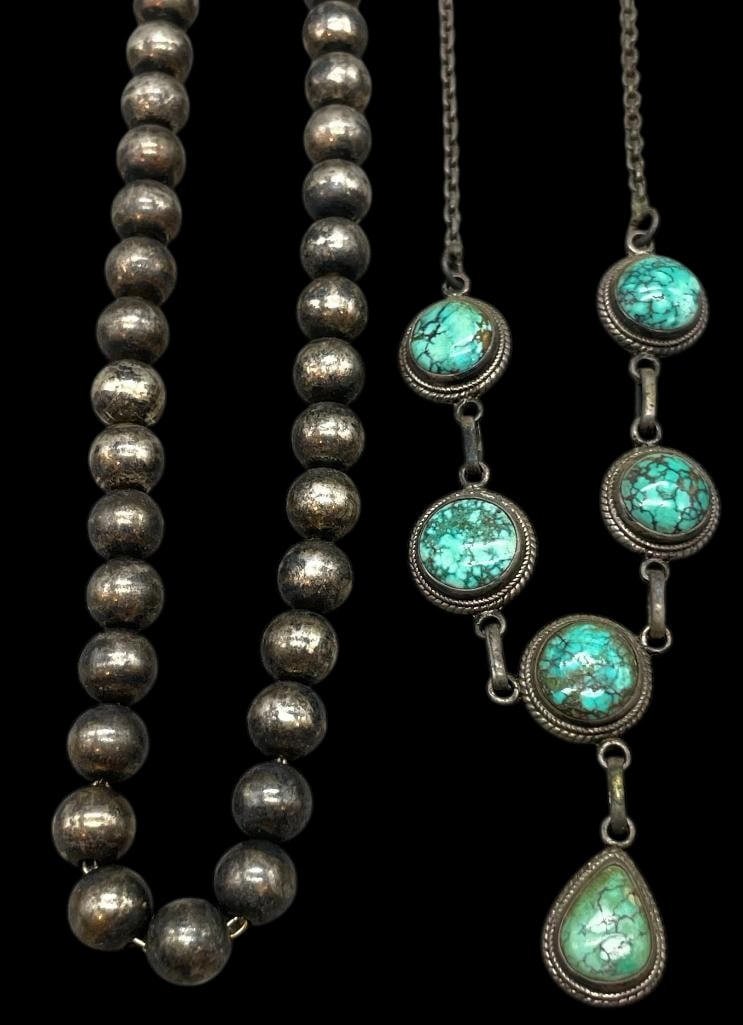 Sterling Silver And Turquoise Necklace With Sterling Silver Beaded Necklace (1 of 13)
