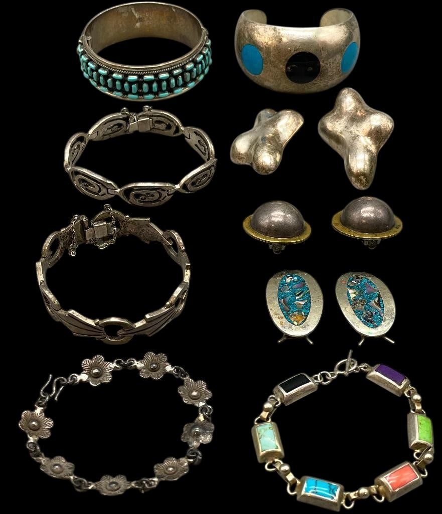 Group Of Mexican 925 Silver Jewelry - Bracelets, Earrings, Etc. (1 of 16)