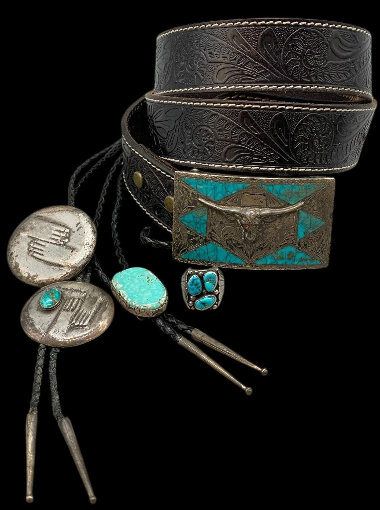 Two Bolo Ties, Ring, Belt Buckle And Bohlin Concho Owned By Award Winning Animator David Dodd Hand: Offered here for your consideration are two bolo ties, ring, belt buckle and bohlin concho owned by award winning animator David Dodd Hand (1900-1986). Hand began work as a cartoon animator in the 192