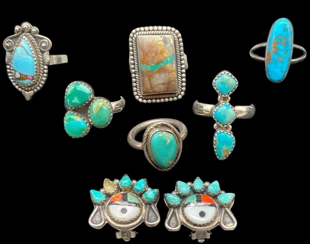 Group Of Six Sterling Silver Rings With Various Settings And One Pair Of Earrings (1 of 16)