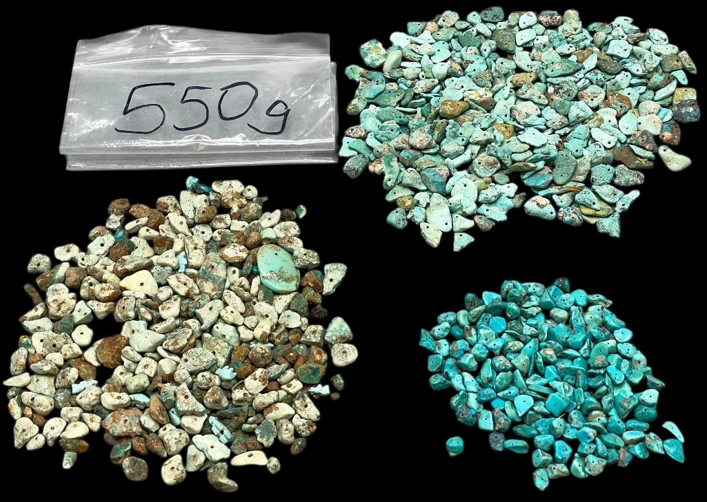 Approx 550 Grams or 2750 Carats Of Mostly Drilled Turquoise Nuggets: Offered here for your consideration are approximately 550 grams or 2750 carats of what appears to be mostly drilled, turquoise nuggets. This lot includes nuggets with drilled holes in a variety of