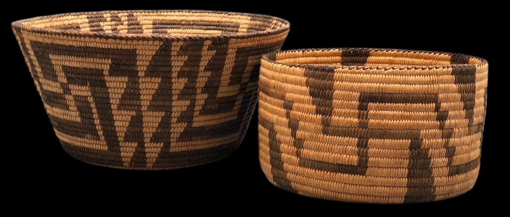 Two Early 1900s Pima Baskets With Whirling Logs: Presented here for your consideration are two early 1900s Pima baskets with Whirling Logs. The first basket is a cylinder shaped basket and features conjoined whirling logs on the sides. The second is