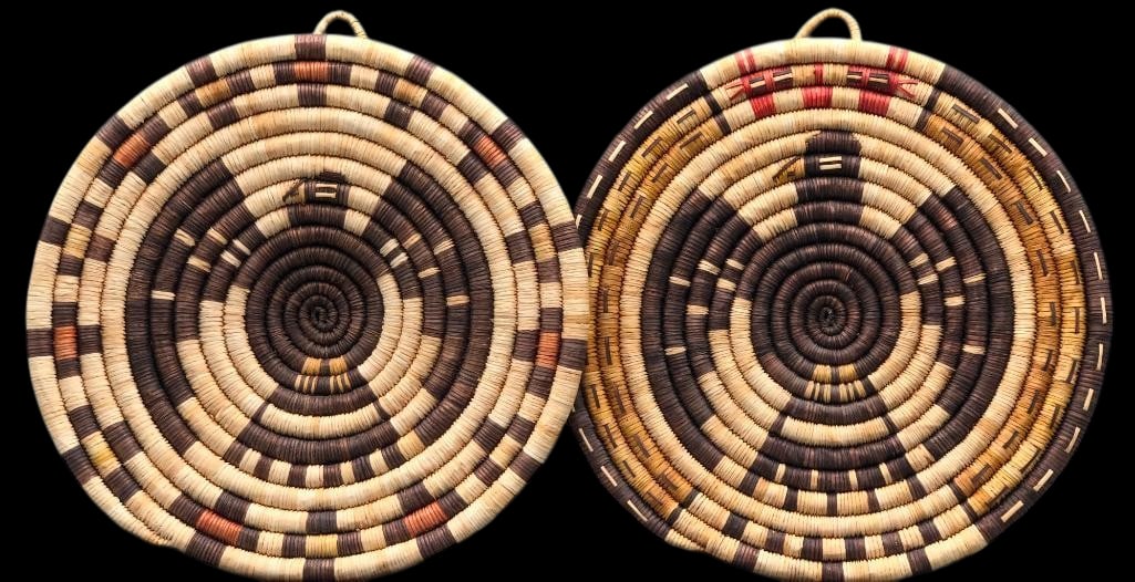 Two Eagle Hopi Coil Plaque Baskets: For your bidding pleasure are two Eagle themed, Hopi coiled, plaque baskets. Each is round and shaped like a wall plaque and both have an Eagle motif with it's wings spread in the center. The