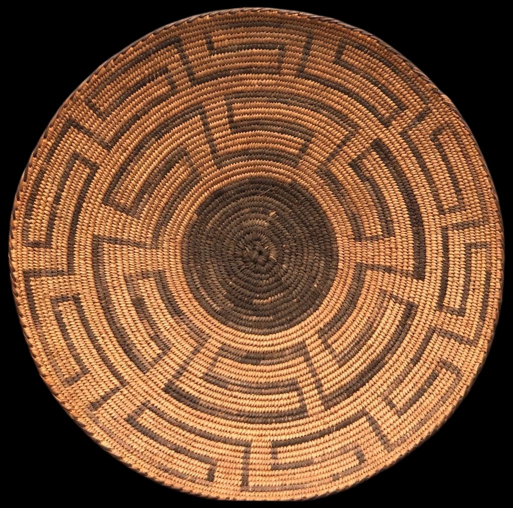 Antique Pima Basket With Waves or Fret Design: Presented here for your consideration is an antique Pima basket which features a finely crafted, dark rounded center that radiates into a Greek key (often called a Fret pattern) which generally