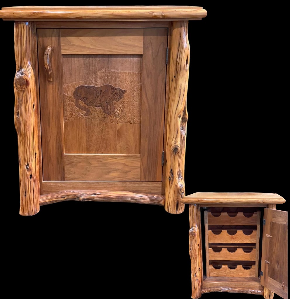 Custom Handmade End Table Wine Cabinet: Offered here for your consideration is a custom handmade end table which has a wine cabinet inside. It is a beautiful rustic designed wooden cabinet with live edge log posts & natural knots and
