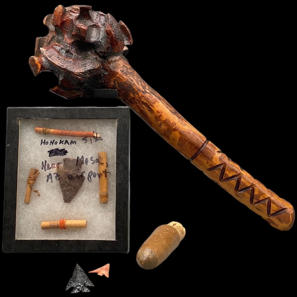 Unique Wood War Club And Miscellaneous Items- Arrowheads Etc.: Offered here for your consideration is a unique carved wooden war club and miscellaneous other items such as arrowheads, etc.. The club was made from what appears to be a limb with a very unique