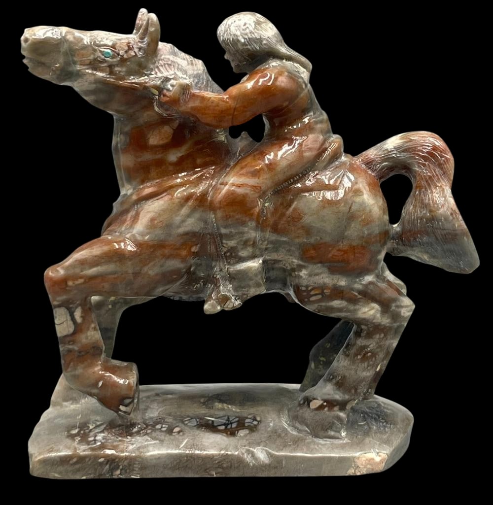 Picasso Marble Zuni Fetish Horse And Rider By Jeff Shetima: Offered here for your consideration is a Zuni fetish horse and rider by Jeff Shetima out of Picasso Marble. This carving features a galloping horse and male rider wearing a fur cap and frontier style