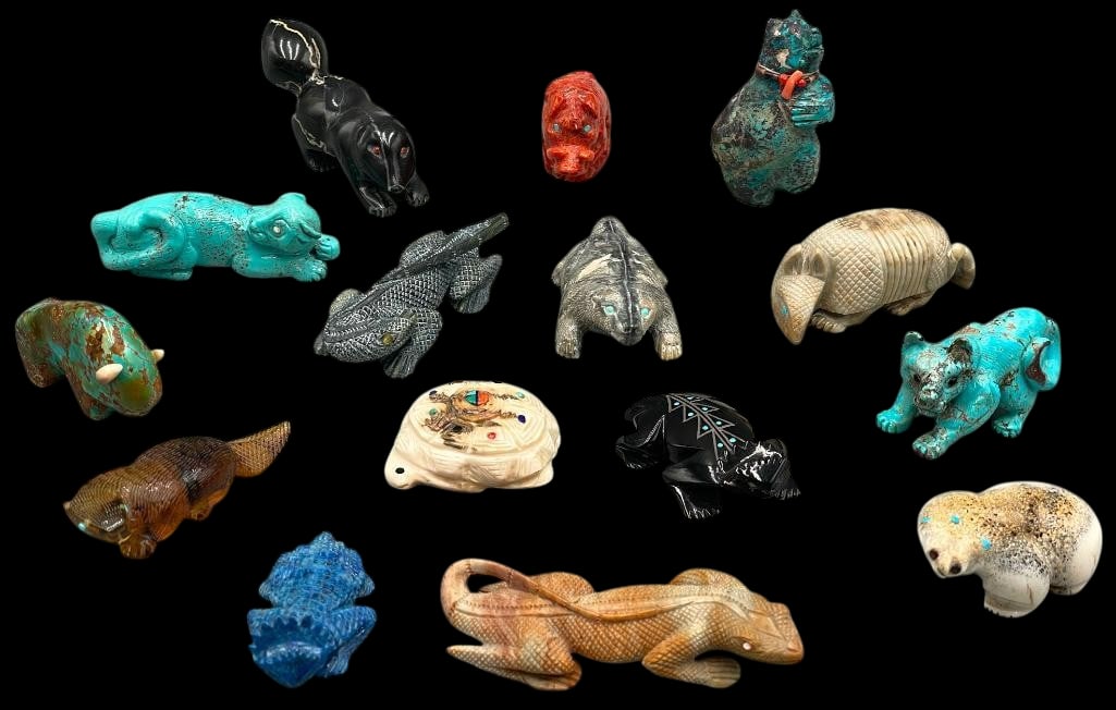 15 Zuni Animal Fetish Carvings By Quam, Natewa, Etc.: Offered here for your consideration is a group of 15 Zuni animal fetishes carvings by various Zuni artists. These animal fetishes are from various stones and some with inlay eyes. They include