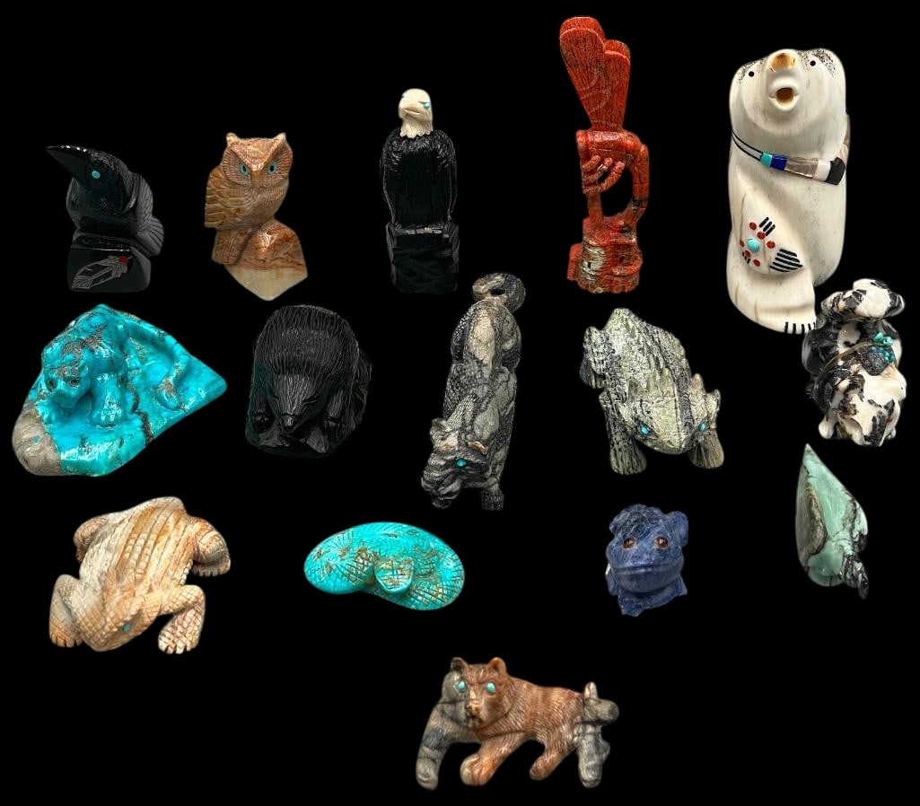 Group Of 15 Zuni Fetish Carvings By Various Artists Like Quam, Cheama, Sandy And More: Group of 15 Zuni fetish carvings by various artists. These animal fetishes are from various stones and include turquoise and other stone inlay eyes. The animals include lizards, a snake, a frog, a