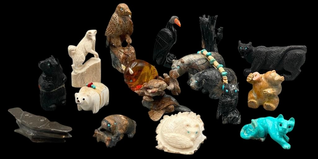16 Zuni Fetish Carvings By Various Artists Including Quam, Cheama, Laate, Etc.: 16 Zuni fetish carvings by various artists including. These animal fetishes are carved from various stones and include turquoise and other stone inlay eyes. The animals include turtles, bears, a fox,