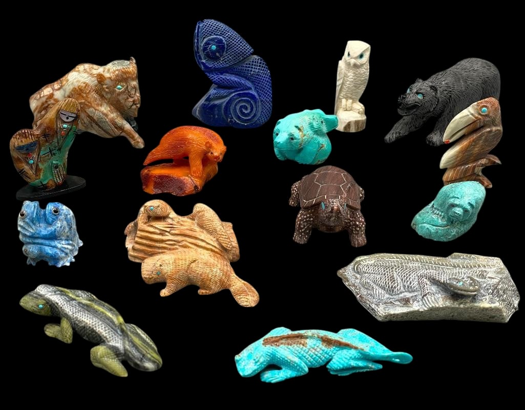 Set Of 14 Zuni Fetish Carvings By Sandy, Quam, Him, Etc.: Group of 14 Zuni fetish carvings by various artists. These animal fetishes are from various stones and include turquoise and other stone inlay eyes. The animals include turtles, bears, lizards, an owl